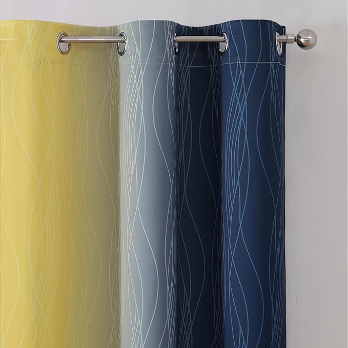Estelar Textiler Navy Blue and Yellow Ombre Blackout Curtains 54 Inch Length 2 Panels, Full Room Darkening Gradient Drapes for Kitchen, Thermal Insulated Grommet Short Curtains for Bedroom,42Wx54L