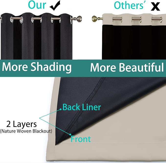 Yakamok 100% Blackout Curtains 63 Inches Long, 2 Thick Layers Heat and Full Light Blocking Soft Thermal Insulated Drapes for Bedroom(52" Wide Each Panel, Natural, 2 Panels)