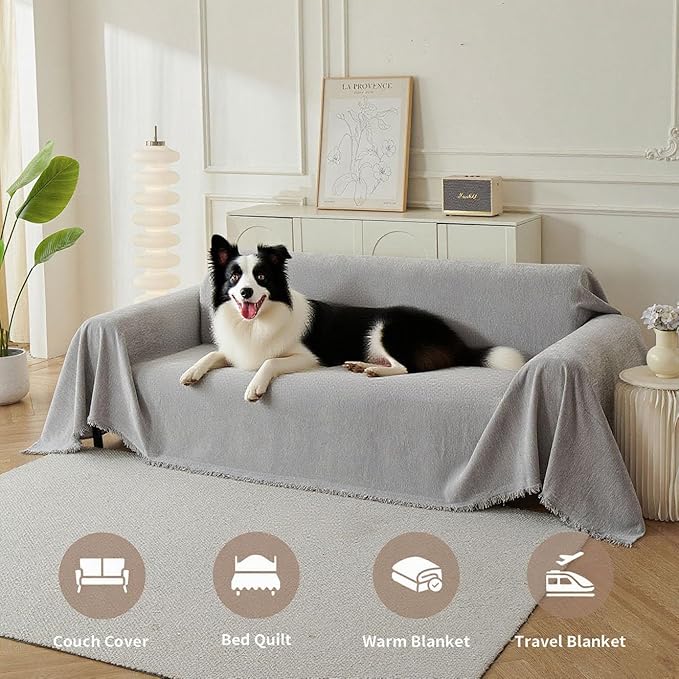Couch Cover for Dogs, Boho Sofa Covers for 2 Cushion Couch, Chenille Sofa Slipcover for Pets Washable, L-Shape Sectional Couch Loveseat Cover Soft Throw Blankets with Tassels(71x102,Grey)