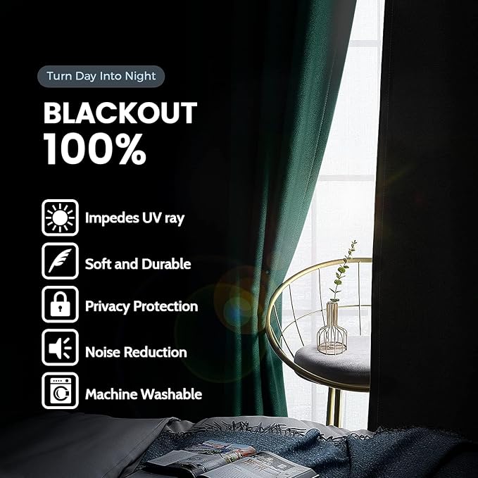 SimpleHome 100% Blackout Curtains for Bedroom,Thermal Insulated Dark Green Grommet Window Drapes Room Darkening Curtains for Living Room with Black Back,42 x 54 Inch,2 Panels
