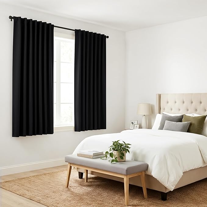 Pony Dance Small Blackout Curtains for Kitchen Drapes Set - Nursery Short Drapes Panels Window Treatments Light Blocking Curtains for Bathroom, 42 Wide by 40 Inches Long, Black, 2 Panels
