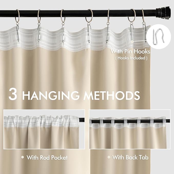 MIULEE Back Tab Cream Beige Curtains 102 Inch Long 2 Panels Set for Living Room Bedroom, Ivory Rod Pocket/Pinch Pleated Light Blocking Thermal Insulated Room Darkening Floor to Ceiling Blackout Drapes