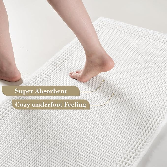 RESARE Waffle Bathroom Runner Rugs, Super Absorbent Bath Mat Non Slip Washable Quick Dry, Ultra Soft Quick Dry Boho Bath Rugs with Tassels for Hallway Bedroom Laundry Room, 2'x6'(24"x72"), White