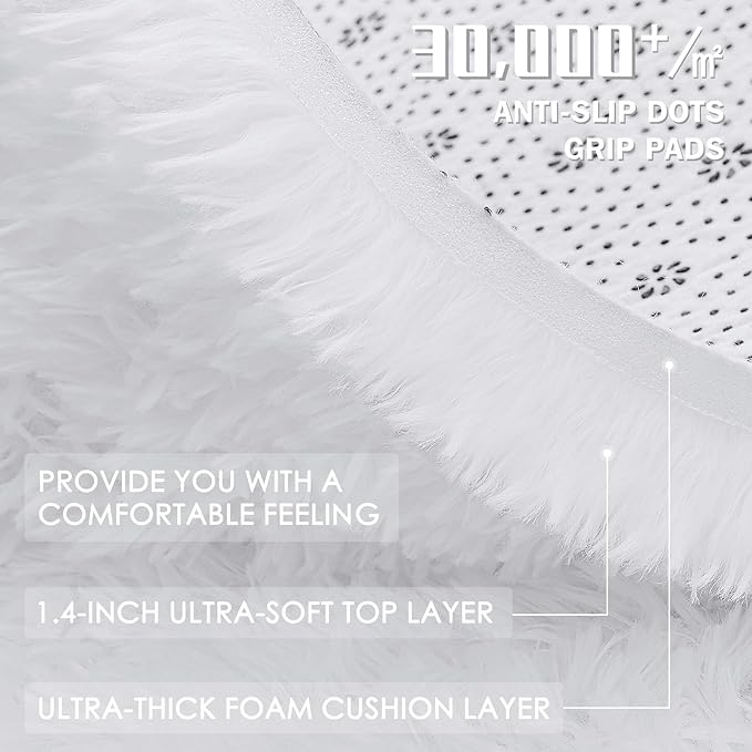 OLANLY 3x5 Machine Washable Small Bedside Rug, Soft Fluffy Shaggy Rugs for Living Room, Bedroom, Indoor Floor Carpet for Kids Girls and Boys, Preppy Dorms, Nursery, Home Decor Aesthetic, White