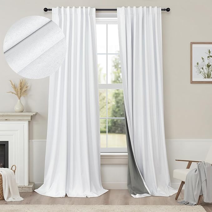 Elegant Curtains for Living Room 102 Inch Long Faux Linen Back Tab Rod Pocket Full Blackout Viral Curtains for Sliding Glass Door Nursery Thermal Curtains for Summer Heat 52x102 Length 2 Panels White