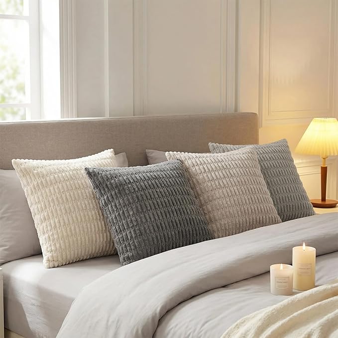 Fancy Homi Set of 4 Grey and White Boho Decorative Throw Pillow Covers 28x28 Inch for Couch Bed Sofa, Aesthetic Modern Bohemian Room Decor, Fuzzy Fluffy Cozy Corduroy Textured Cushion Case 71x71cm