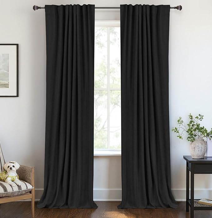 100% Blackout Shield Linen Blackout Curtains for Bedroom 90 Inches Long, Back Tab/Rod Pocket Living Room Drapes, Thermal Insulated Blackout Curtains 2 Panels Set, 50" W x 90" L, Black