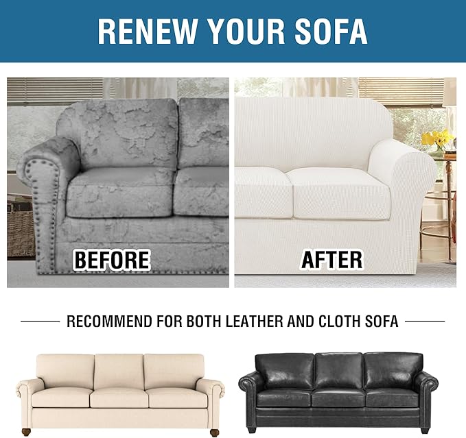 H.VERSAILTEX 4 Piece Stretch Sofa Covers for 3 Cushion Couch Covers for Living Room Furniture (Base Cover Plus 3 Seat Cushion Covers) Upgraded Thicker Jacquard Fabric (Sofa, Porcelain White)