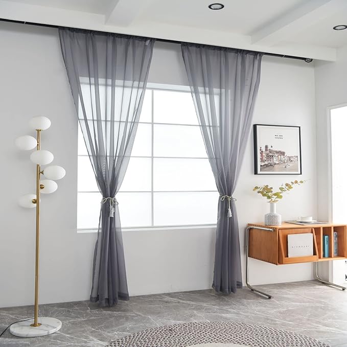SpaceDresser Sheer Voile Window Treatment Rod Pocket Curtain Panels for Kitchen Bedroom Living Room Drapes Sunlight Filtering Privacy Semi Home Decor Assorted Colors Sizes (Grey, 52 W x 96 L)