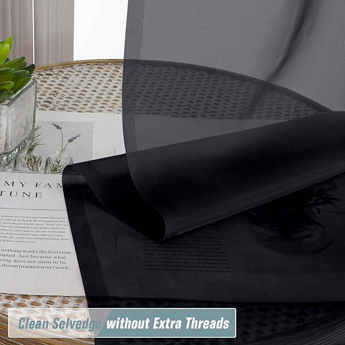 Halloween Black Sheer Curtains for Window 72 inches Long 2 Panels Set, Soft Airy Light Filtering Sheer Curtains for Living Room Bedroom, Dual Rod Pocket Solid Window Drapes, 2x42Wx72L inches