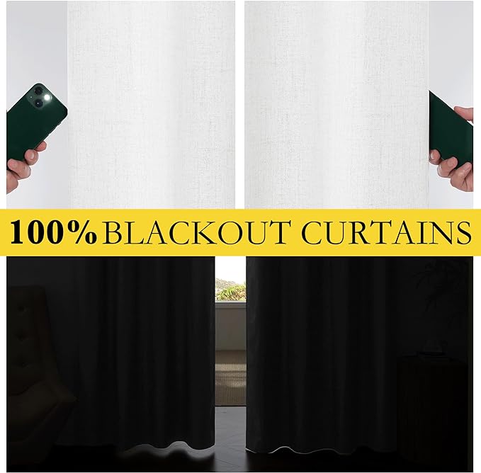 NICETOWN 100% Absolutely Blackout Linen Curtains with Thermal Insulated Liner, Greyish White, 42" Wide, 84" Length Energy Saving Curtains for Living Room 2 Panels Set, Vertical Blinds