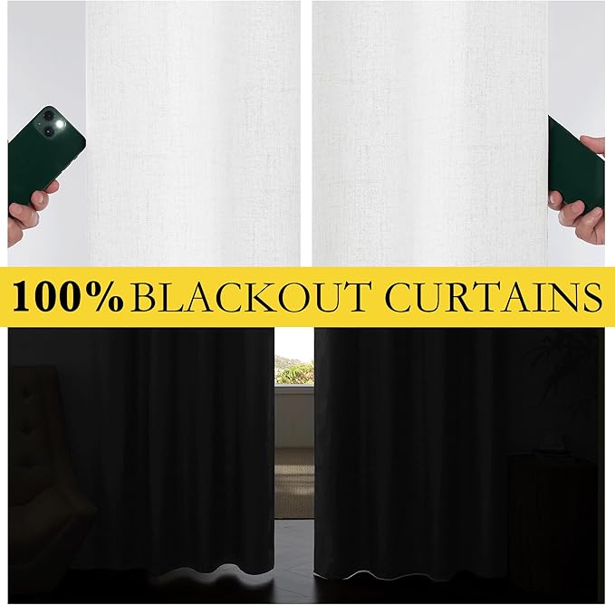 NICETOWN 100% Absolutely Blackout Linen Curtains with Thermal Insulated Liner, Greyish White, 42" Wide, 63" Length Energy Saving Curtains for Classroom 2 Panels Set, Vertical Blinds