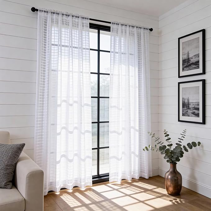 SpaceDresser Check Sheer Curtains 45 Inches Long for Living Room, Rod Pocket Plaid Semi Sheer Drapes for Kitchen Bedroom（White, 52W x 45L）