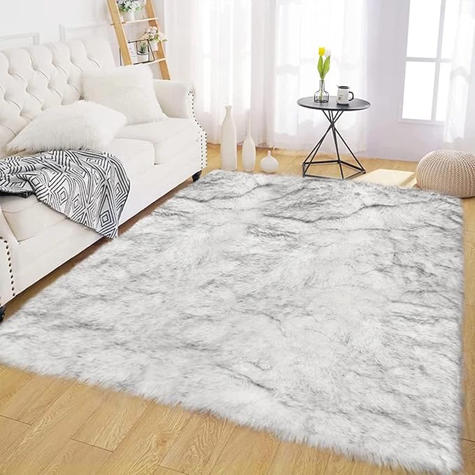 Latepis Area Rug 5x8 Living Room Rugs White with Grey Tips Large Bedroom Fluffy Shag Rugs Washable Faux Fur Rug for Dorm Soft Rugs Home Decor Rectangle