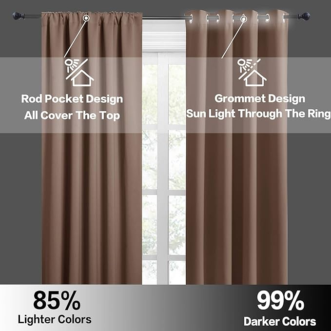 RYB HOME Blackout French Door Window Curtain Covering, Rod Pocket Thermal Insulated Privacy Non See Through Drapes for Bathroom Window, Width 29 by Length 45, Mocha, 2 Panels
