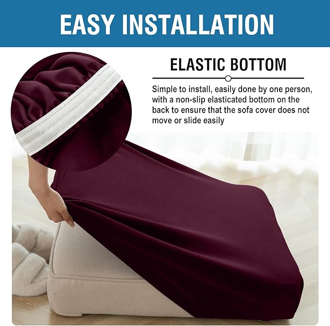Couch Cover 3-Piece Elastic Velvet Couch Cushion Covers & Chaise Slipcovers for L-Shaped Sofas, Sofa Seat Covers Washable, Soft Cover for Couches (2 Seater + Chaise, Wine)