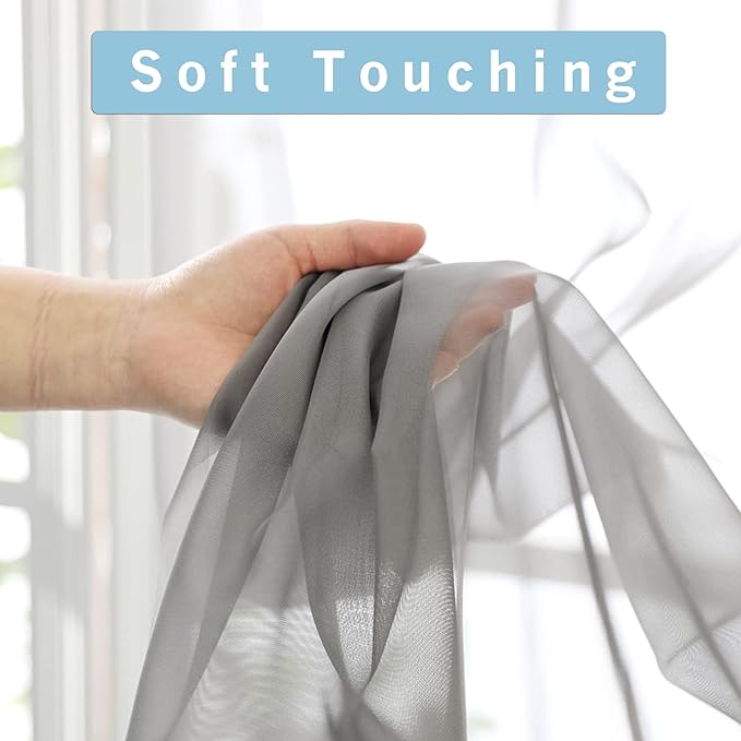 OWENIE Sheer Curtains Grey 45 Inches Long, Light Filtering Tiers for Kitchen, Basement, Bedroom, Short Panels Rod Pocket 2 Panels, Cafe Small Window, 42" W x 45" L
