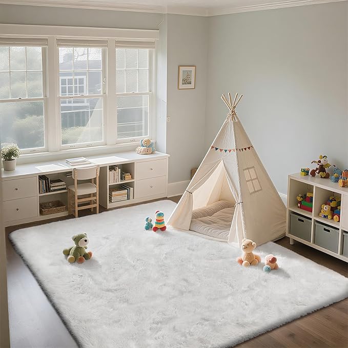 9X12 Large Area Rugs for Living Room Bedroom,White Big Shag Rug for Bedroom Dorm,Soft Fluffy Indoor Carpet Nursery Rugs for Kids Girls Room Home Decor (White, 9X12 Feet)