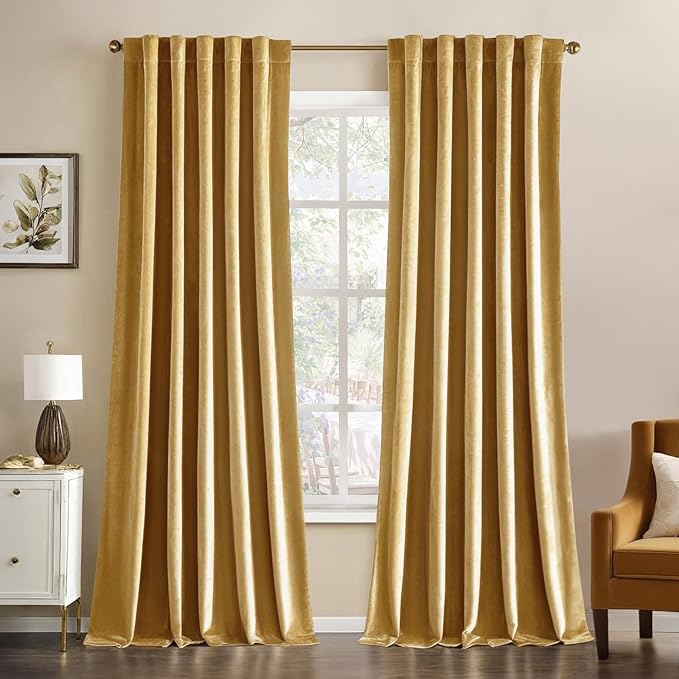 MIULEE Velvet Curtains 108 inches - Luxury Blackout Curtains for Bedroom Living Room Thermal Insulated Super Soft Window Drapes Rod Pocket & Back Tab, Golden, W52 x L108 inches, 2 Panels