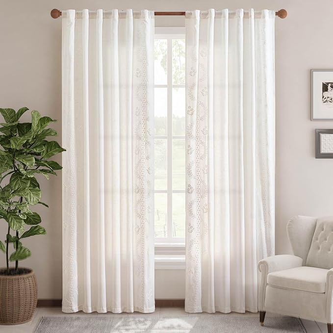 jinchan Belrose Linen Curtains for Bedroom Floral Curtains 84 Inch Length Linen Blend White Embroidered Drapes Farmhouse Flower Patterned Drapes for Living Room Window Treatments Set 2 Panels