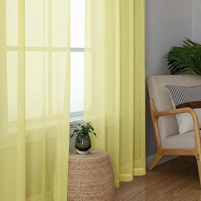OWENIE Sheer Curtains 78 Inches Long 2 Panels Set for Bedroom Living Room, Soft Solid Light Filtering Sheer Curtain Rod Pocket Clear Drapes for Window Sliding Door, Light Yellow, 42" W x 78" L