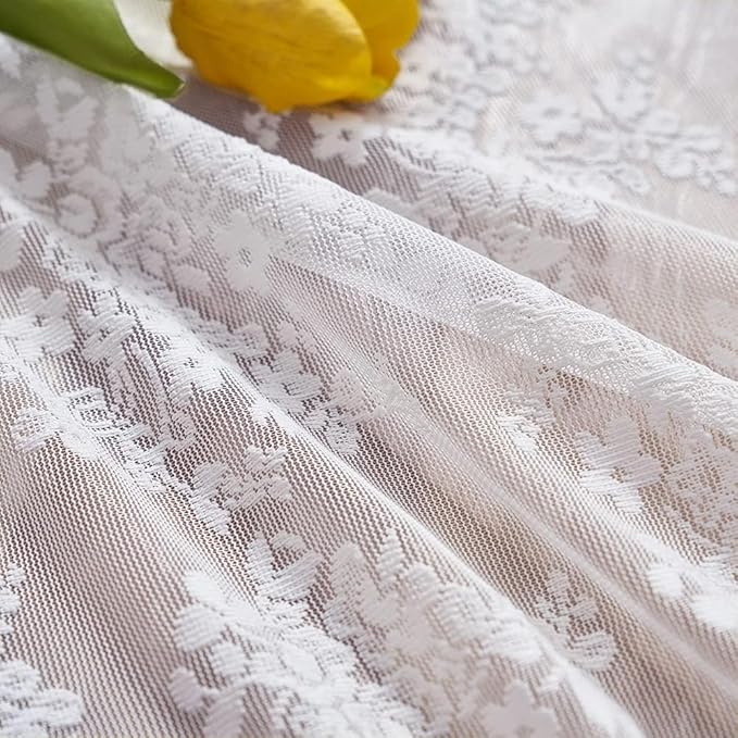 YJ YANJUN Vintage Lace Curtains 30 Inch Length Pair Short White Sheer Kitchen Cafe Curtains, Scalloped Half Window Tiers, Mini Front Door for Small Window Privacy, Desk Cabinet 26" x 30" White