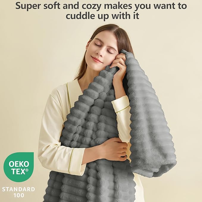 HIMEET Grey Ribbed Twin Blanket for Bed - 300GSM Lightweight Soft Fleece Blanket for Men Women, Cozy Blankets Graduation Birthday Gifts, Striped Spring Home School Dorm Decor, Grey, 60x80 Inches