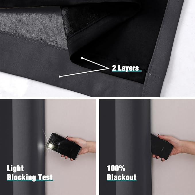 ChrisDowa 100% Blackout Curtains for Bedroom with Black Liner, 2 Thick Layers Total Blackout Thermal Insulated Grommet Small Window Curtains 54 Inch Length 2 Panels Set (Dark Grey, 42 x 54 Inch)