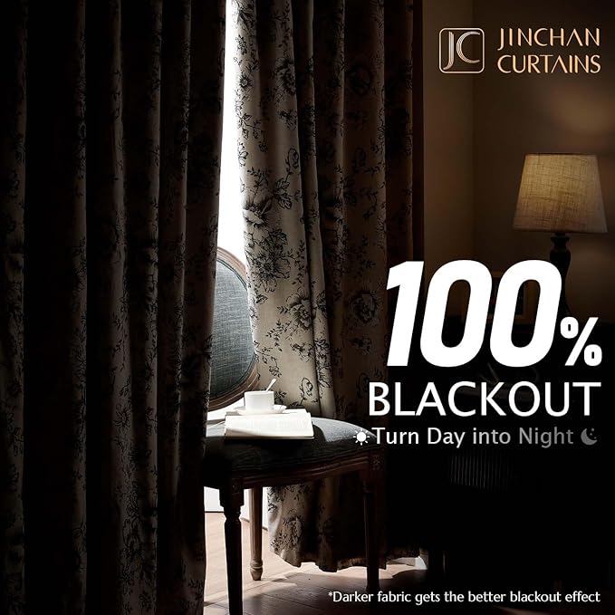jinchan Blackout Floral Curtains for Living Room Bedroom Linen Blend Curtain Farmhouse Black Printed with Lined Back Tab Rod Pocket Drapes Window Treatments 2 Panels 63 Inch