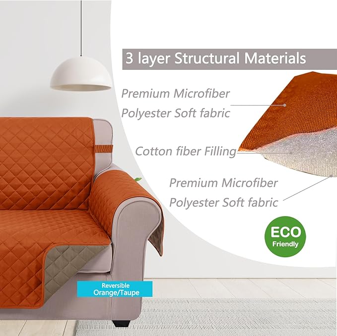 U-NICE HOME Recliner Chair Covers Reversible Chair Cover Pet Covers for Dogs with Elastic Straps Water Resistant Diamond Quilted (23''Armchair, Orange/Taupe)