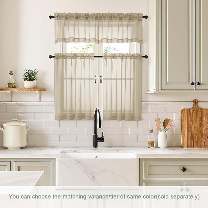 Taupe Valances for Windows 14 inch Length 2 Panels Set, Small Voile Sheer Curtains for Bathroom, Soft Fabric Lightweight Light Filtering Kitchen Curtains, Dual Rod Pocket, 2x42Wx14L Inches
