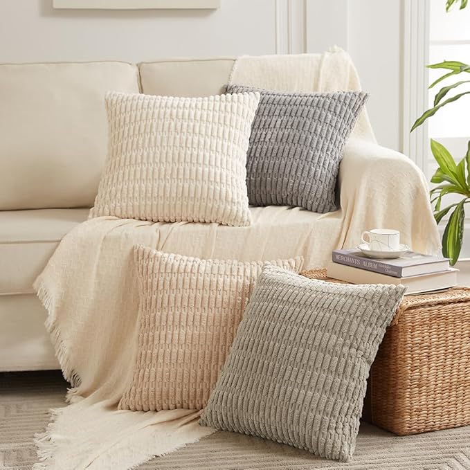 Fancy Homi 4 Packs Tan Decorative Throw Pillow Covers 16x16 Inch for Living Room Couch Bed Sofa, Beige Rustic Farmhouse Boho Home Decor, Soft Plush Striped Corduroy Square Cushion Case 40x40 cm