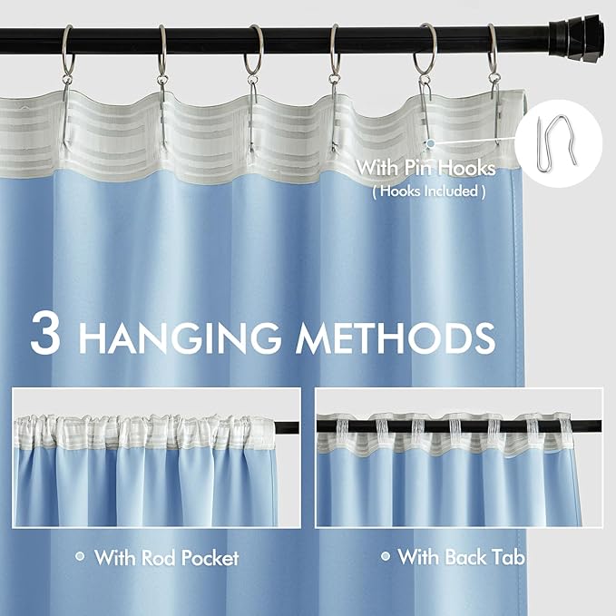 MIULEE Sky Blue Back Tab Blackout Curtains 108 Inch Long 2 Panels Set for Bedroom, Rod Pocket/Pinch Pleat Extra Long Thermal Insulated Living Room Darkening Pleated Light Blocking Drapes