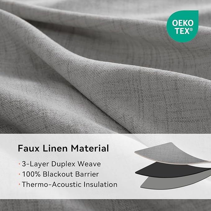 100% Blackout Shield Total Blackout Curtains Faux Linen Textured Thermal Insulated Grommet Singal Layer Window Curtains for Bedroom/Living Room(50"W x 63"L, 2 Panels, Gray)