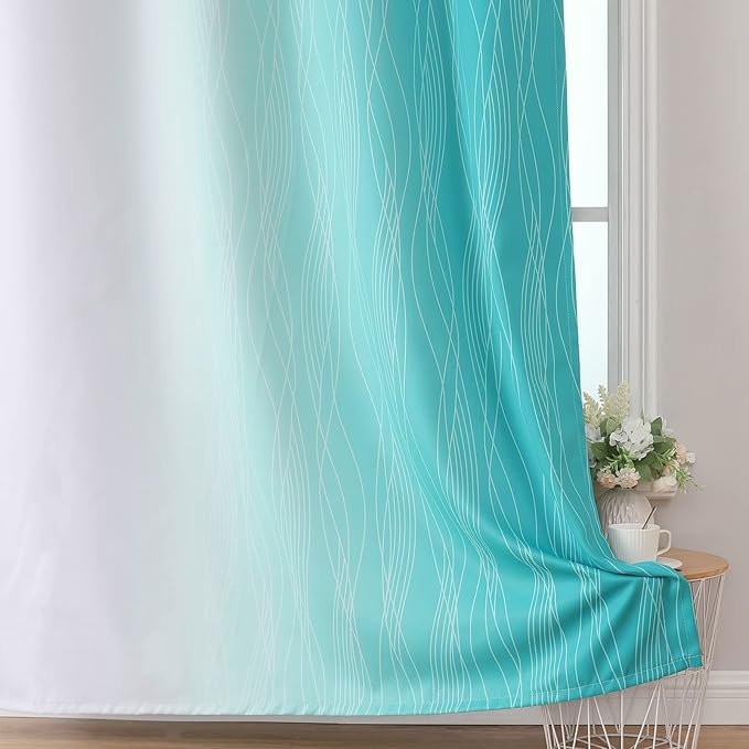 Estelar Textiler Teal and Greyish White Blackout Curtains 54 Inch Length, Light Blocking Gradient Grommet Drapes for Living Room, Thermal Insulated Ombre Curtains for Bathroom,42Wx54L,2 Panels
