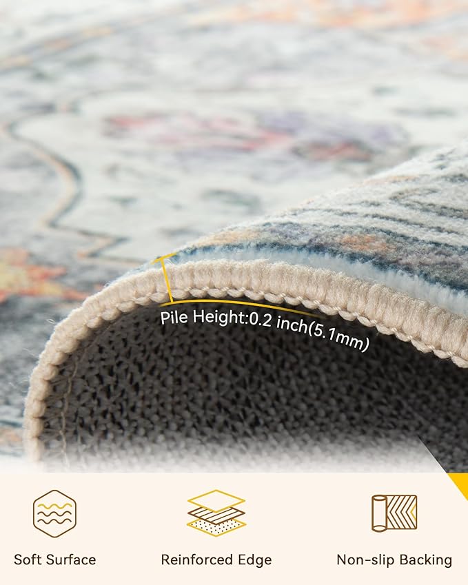 Area Rugs 2'x8' Runner Rug Non Slip Washable for Kitchen Hallway Bedroom Beside Laundry Room Bathroom Rug, Floor Carpet, Light Yellow Carbon Grey Orange