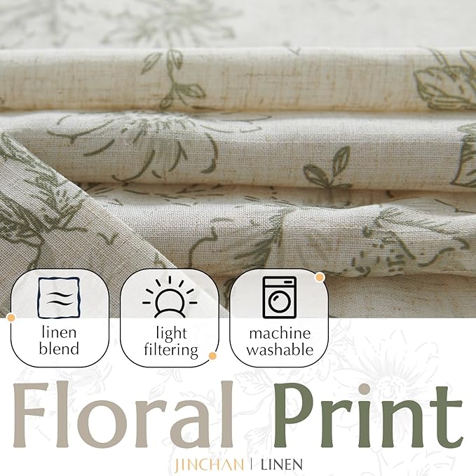 jinchan Linen Blend Floral Curtains for Living Room 84 Inch Length Farmhouse Printed Curtain Rod Pocket Back Tab Sage Green Peony Flower Patterned Drapes Bedroom Curtains Set 2 Panels