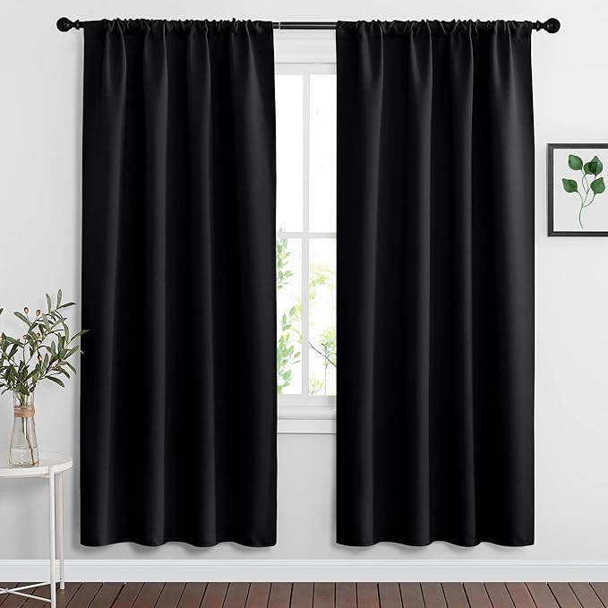 RYB HOME Extra Wide Blackout Curtains for Bedroom Living Room 72 inches Long, Thermal Insulated Privacy Drapes for Nursery Home Theater Dining Room, Width 62 by Length 72, Black, 2 Panels
