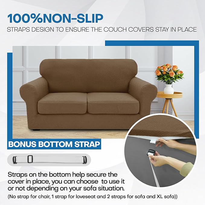 XINEAGE New 3 Pieces Couch Covers for 2 Extra Large Cushion Sofa Super Stretch Sofa Cover for 2 Large Seat Universal Loveseat Slip Cover for Living Room (Brown), 71"-91"(2 Cushions)