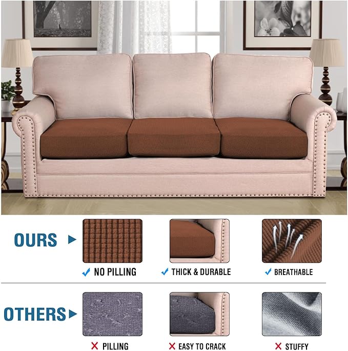H.VERSAILTEX Super Stretch Couch Cushion Covers Sofa Cushion Slipcovers Jacquard Fabric Individual Seat Couch Slipcover Sets for Pets with Elastic Bottom(3 Packs Cushion Sofa Covers, Caramel)