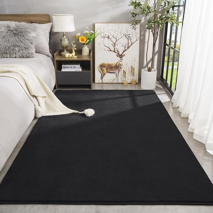 Amearea Large Modern Area Rugs for Bedroom Living Room, 8x10 Feet Black Thickened Memory Foam Rug, Fluffy Indoor Washable Rugs Non Slip Minimalist Carpet for Boys Girls Dorm Nursery Room Decor