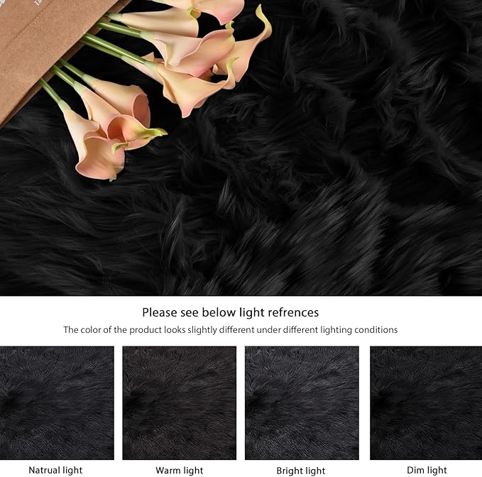 ORINOVA Washable Faux Fluffy Fur Round Area 6.6ft Rugs for Living Room Black Large Furry Rug for Bedroom Boho Circle Nursery Rug Teen Room Décor