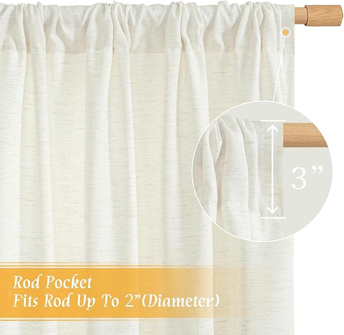 LAMIT Natural Linen Curtains for Bedroom, 72 Inch Faux Linen Textured Light Filtering Drapes Rod Pocket Window Panels for Living Room/Sliding Door, Set of 2 Panels, 52 x 72 Inch, Cream