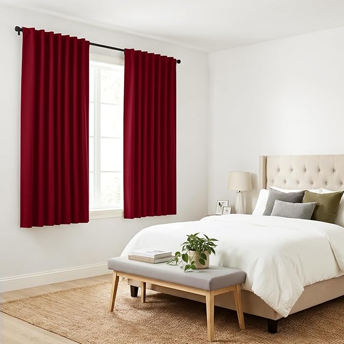 PONY DANCE Bedroom Window Panels - Christmas Decoration Blackout Curtains Elegant Back Tab Slot Pocket Curtains Thermal Insulated Energy Efficient Home Decoration, 42 x 63 inch, Red, One Pair