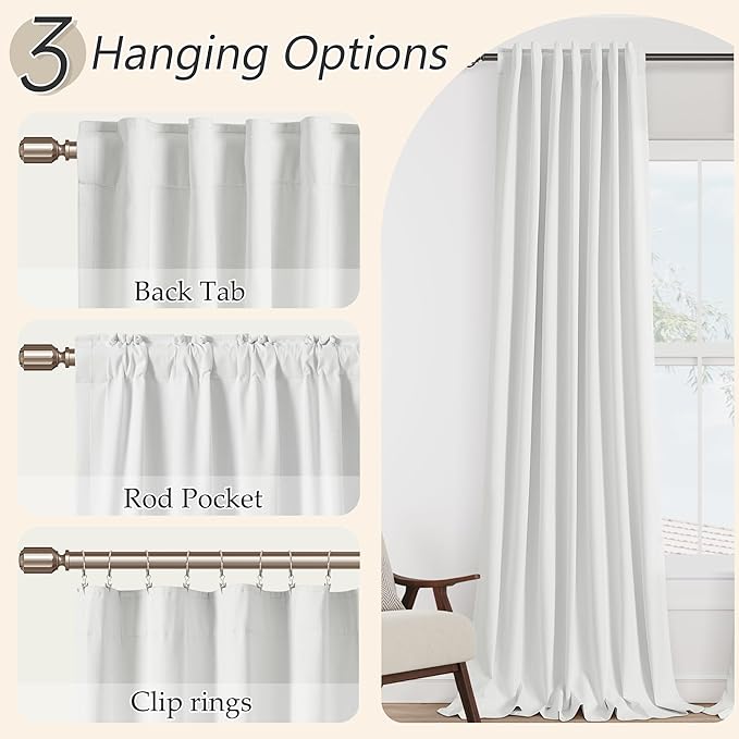 Guken White 100% Blackout Linen Curtains 52 Inch Wide by 114 Inch for Living Room Bedroom Back Tab/Rod Pocket Thermal Insulated Black Out Linen 2 Drapes Room Darkening Window Curtains