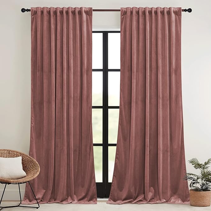 RYB HOME Dusty Pink Velvet Curtains 96 inch, Darkening Window Curtains for Living Room Energy Efficient Backdrop Festival Decor for Girls Bedroom Dining Room, Wild Rose, W52 x L96 inch, 2 Panels