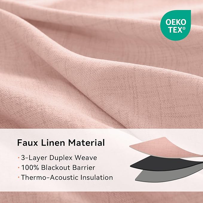100% Blackout Shield Linen Blackout Curtains for Bedroom, Blush Pink Grommet Curtains for Living Room, Thermal Insulated Room Darkening Drapes for Nursery, Boho Home Decor, 50" W x 84" L, 2 Panels