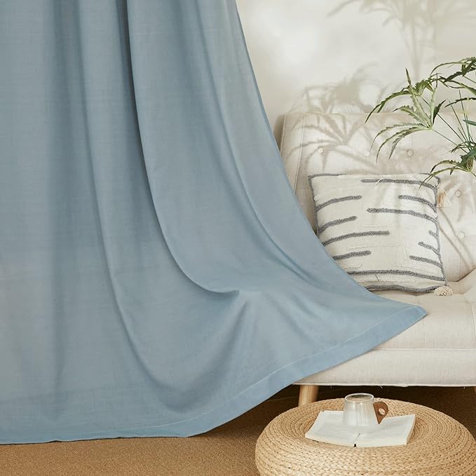 NICETOWN Thick Linen Stone Blue Curtains for Kitchen, Grommet Short Semi Sheer Window Treatments Privacy Assured with Light Filtering Linen Blend for Cafe/Boys Room, 2 Panels, W55 x L54