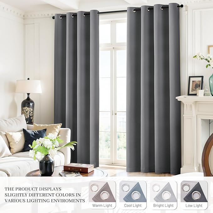 Yakamok Grey Room Darkening 100% Blackout Curtains Grommet Window Treatments with 2 Thick Layers-Gray Thermal Insulated Drapes Set of 2 Panels for Bedroom Living Room 52 Inches by 84 Inches Length