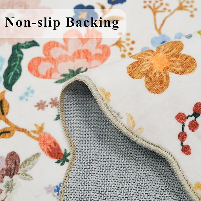 Hallway 4x10 Washable Area Rugs: Indoor Floral Scalloped Rug for Kitchen Entryway Farmhouse Nursery Bathroom Soft Carpet with Non Slip Backing Water Resistant Thin Laudry Floor Mat (4x10,Cream)